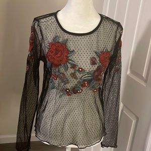 American Eagle Lace Blouse Women’s Size M Black with Multicolor Flowers.